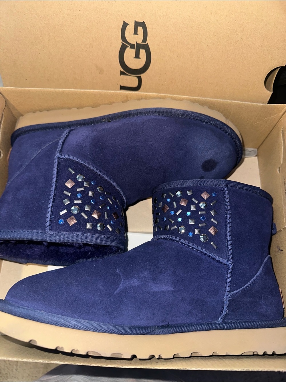 UGG Navy Suede Short Booties with Studded Gems